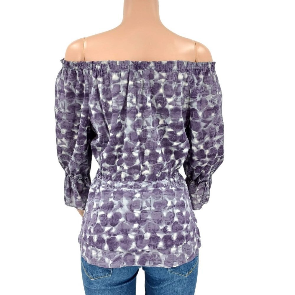Alice + Olivia Purple Silk Geometric Abstract Off The Shoulder Peplum Blouse S - Picture 2 of 6